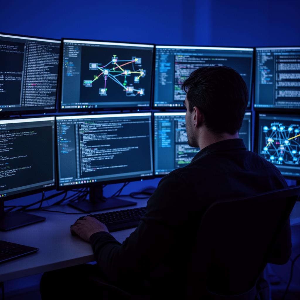 Network engineer at a multi-monitor terminal
