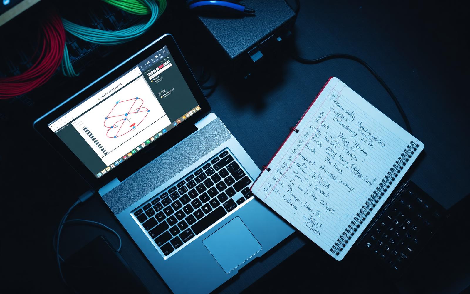Network engineer's workstation with topology and notebook