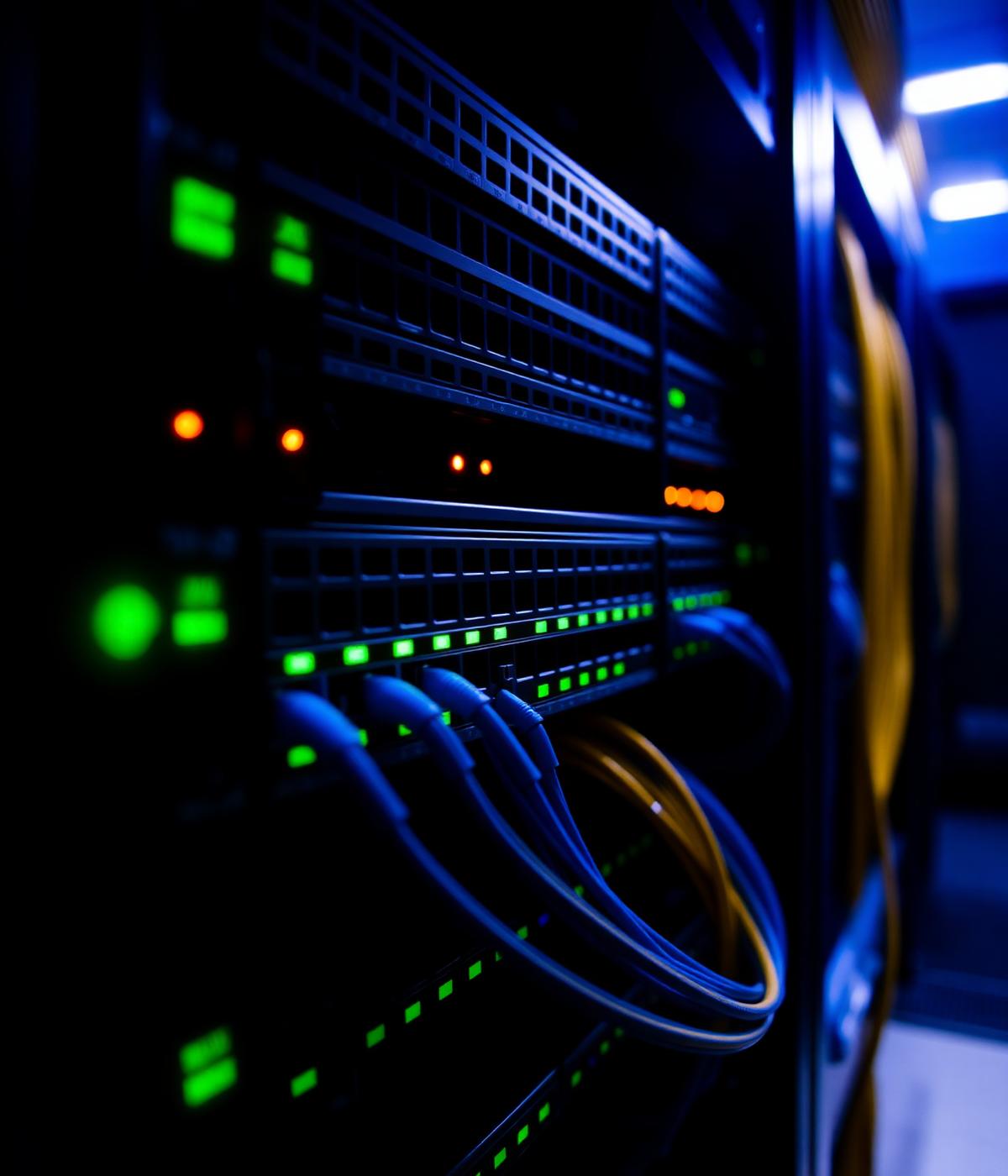 Data center rack with blinking LEDs and fiber cabling